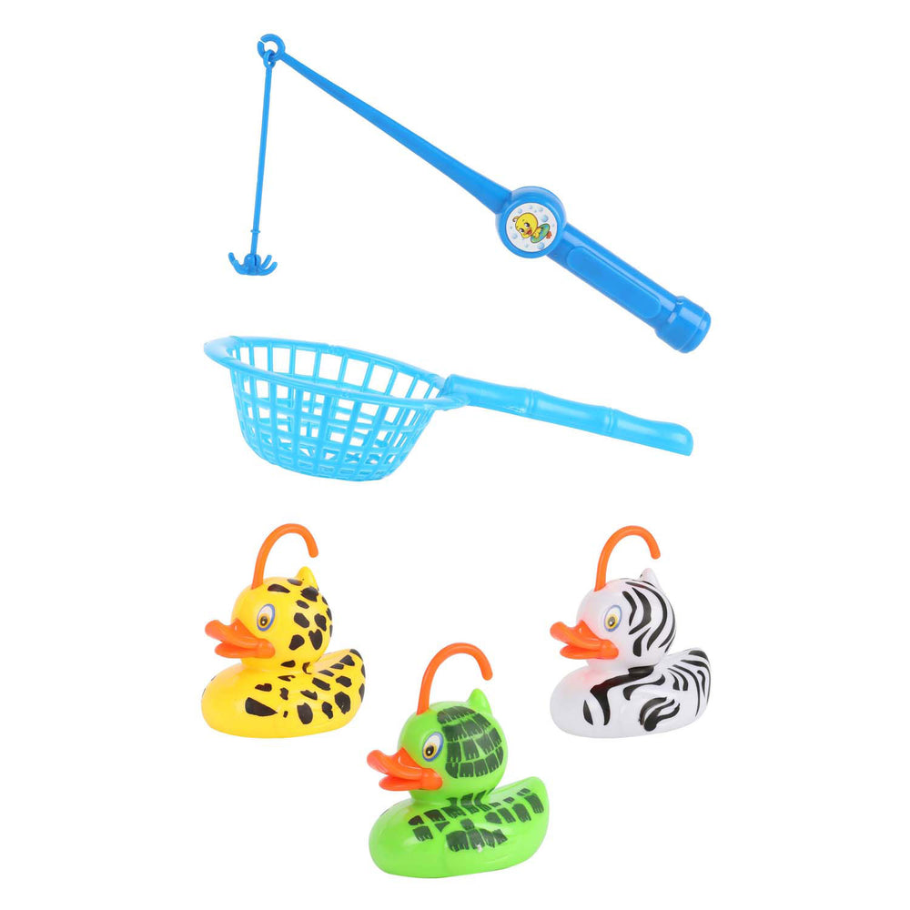 Toi-toys speelt visspel vang de eend met hengel en net
