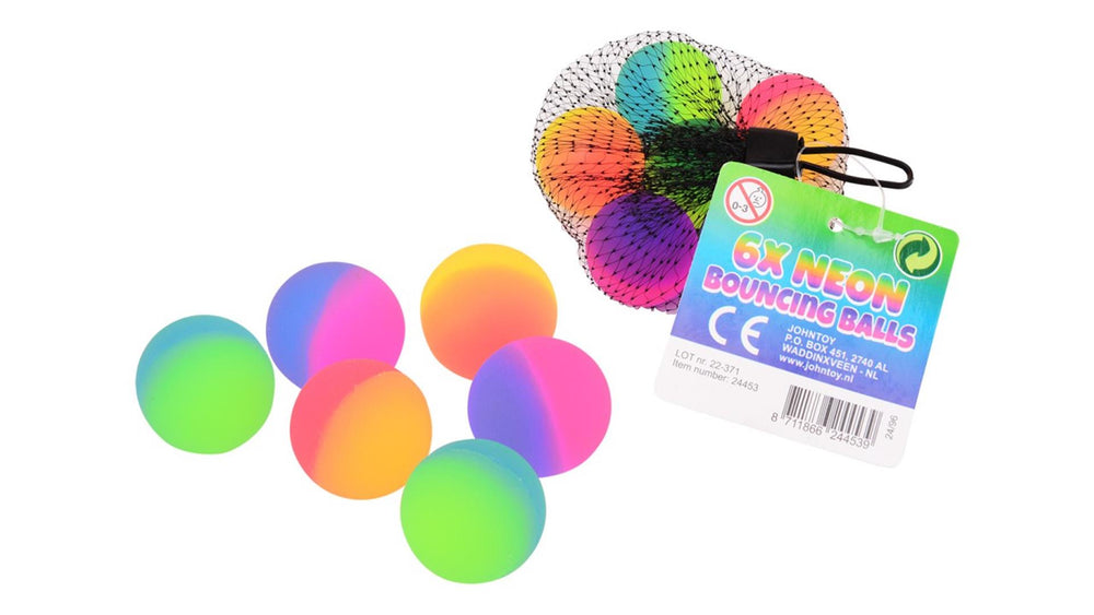 Johntoy john toy 2-kleurige neon stuiterballen 6 stuks in net