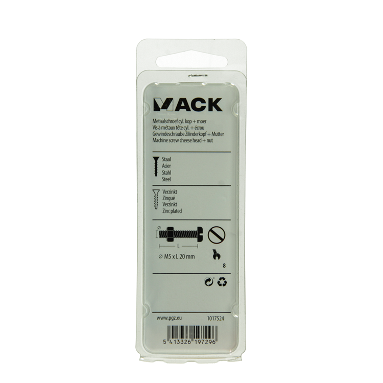 Mack 1017524 - metaalschroef cyl. kop + moer verz. 15 st m5 x 20 mm | 10 stuks