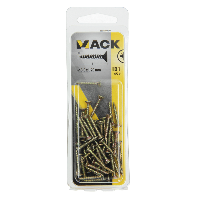 Mack 1017217 - spaanplaatschroef vz kop geelverz.45 st 3,0 x 20 mm | 10 stuks
