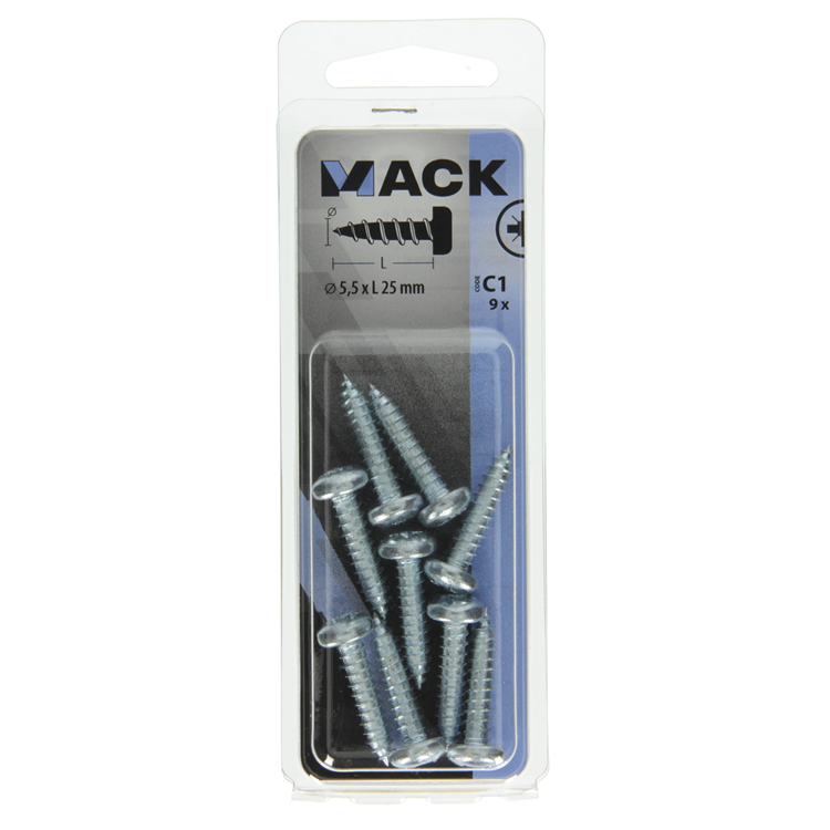 Mack 1017458 - zelftappende schroef cyl kop verz. 9 st 5,5 x 25 mm | 10 stuks