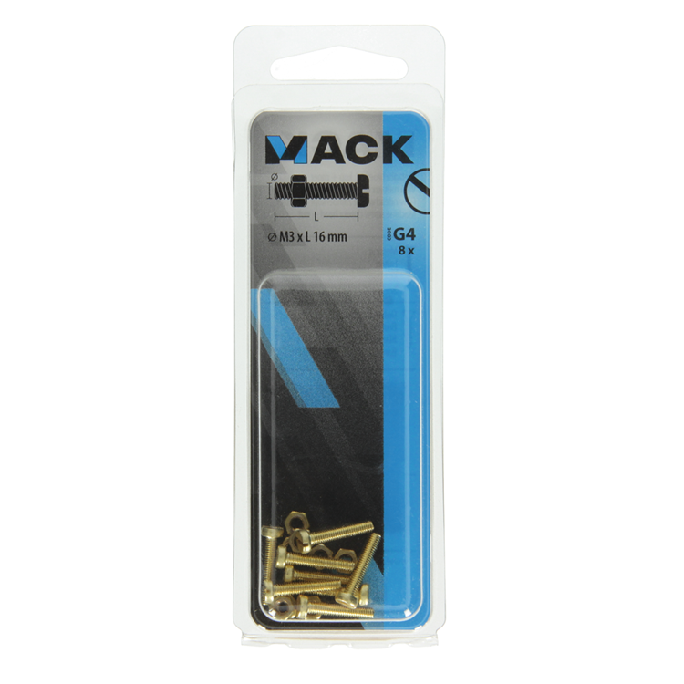 Mack 1019681 - metaalschroef cyl.kop + moer messing 8st m3 x 16 mm | 10 stuks