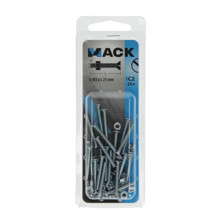 Mack 1017490 - metaalschroef verz. kop + moer verz. 22st m3 x 25 mm | 10 stuks