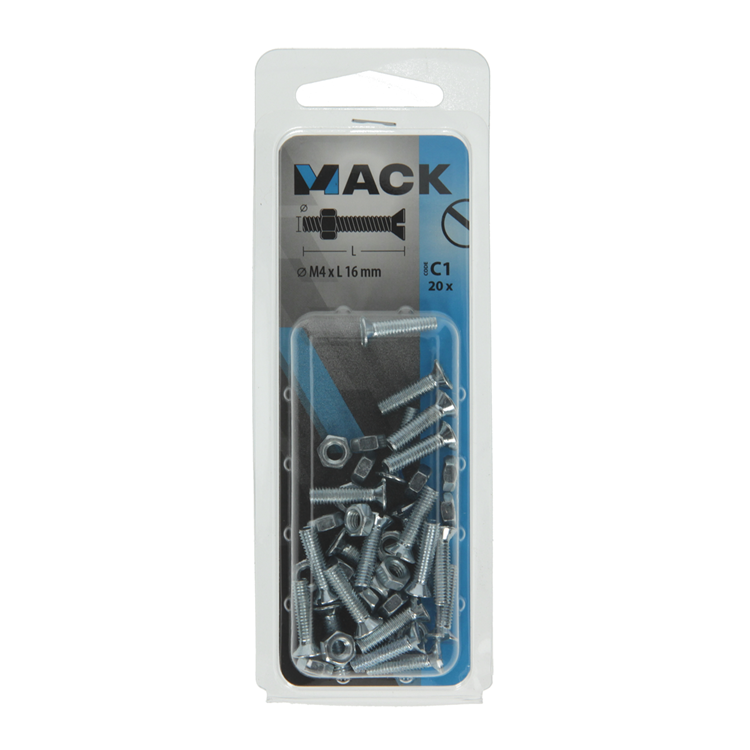 Mack 1017491 - metaalschroef verz. kop + moer verz. 20st m4 x 16 mm | 10 stuks