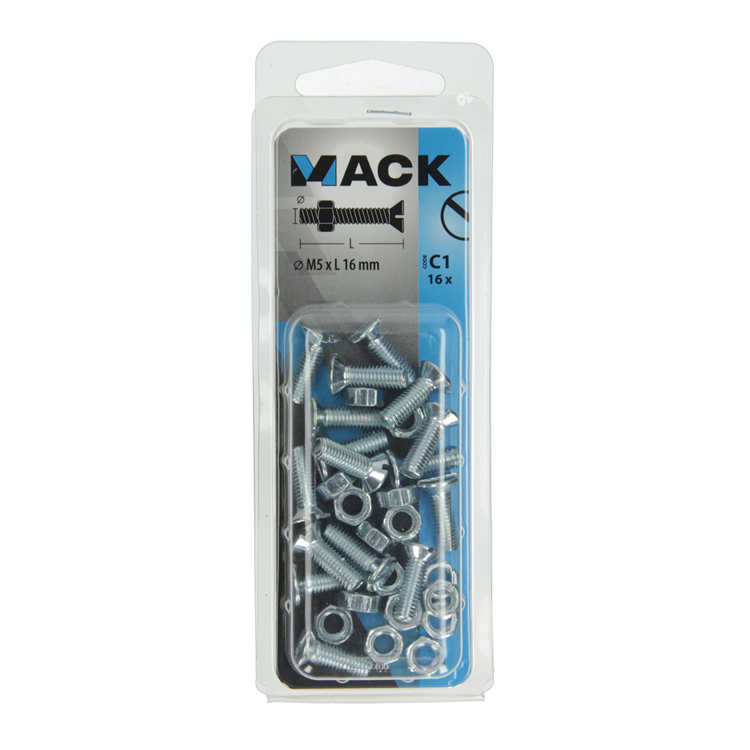 Mack 1017499 - metaalschroef verz. kop + moer verz. 16st m5 x 16 mm | 10 stuks