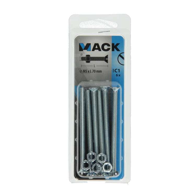 Mack 1017506 - metaalschroef verz. kop + moer verz. 6 st m5 x 70 mm | 10 stuks