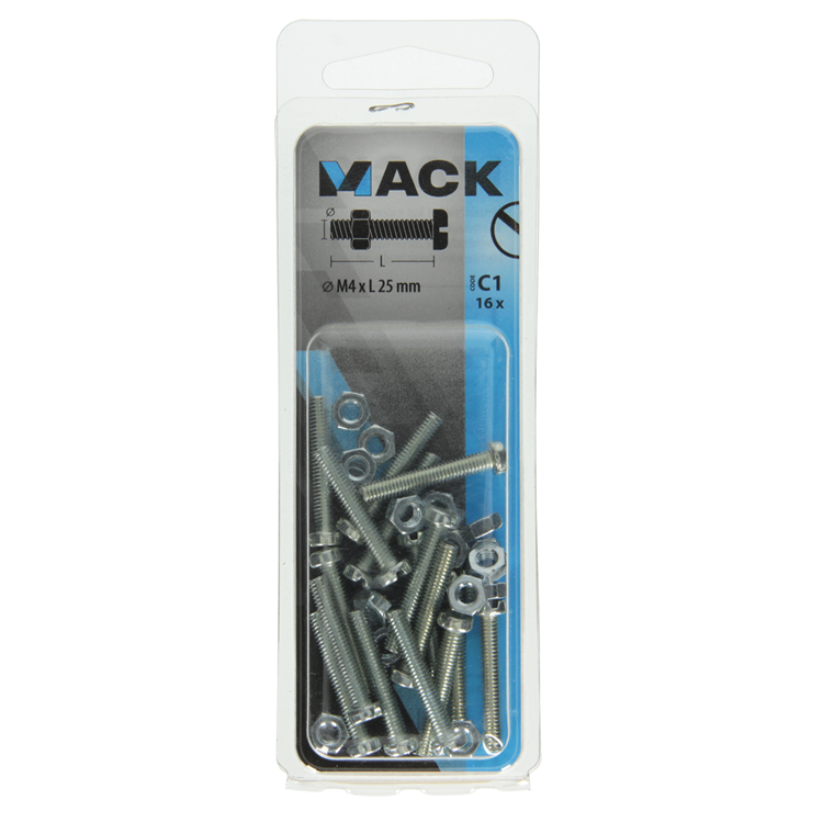 Mack 1017519 - metaalschroef cyl. kop + moer verz. 16 st m4 x 25 mm | 10 stuks