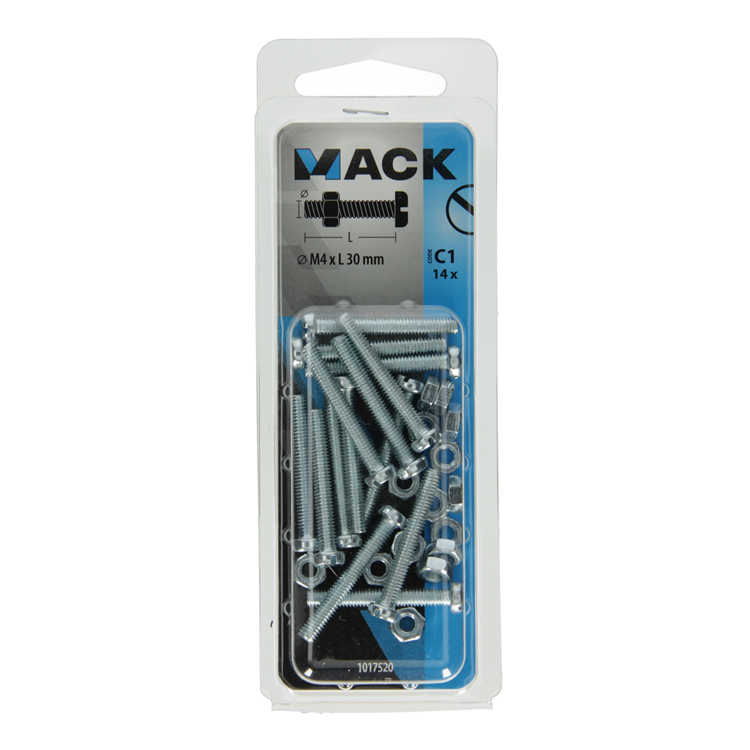Mack 1017520 - metaalschroef cyl. kop + moer verz. 14 st m4 x 30 mm | 10 stuks