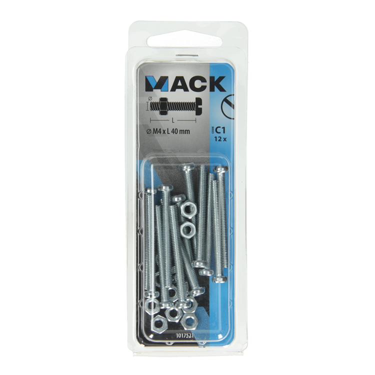 Mack 1017521 - metaalschroef cyl. kop + moer verz. 12 st m4 x 40 mm | 10 stuks