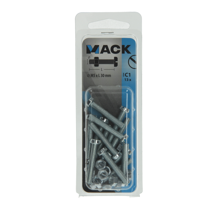 Mack 1017526 - metaalschroef cyl. kop + moer verz. 13 st m5 x 30 mm | 10 stuks