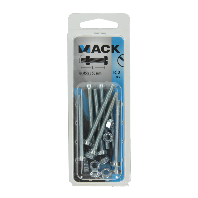 Mack 1017528 - metaalschroef cyl. kop + moer verz. 8 st m5 x 50 mm | 10 stuks