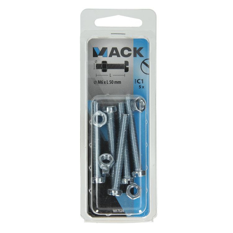 Mack 1017535 - metaalschroef cyl. kop + moer verz. 5 st m6 x 50 mm | 10 stuks