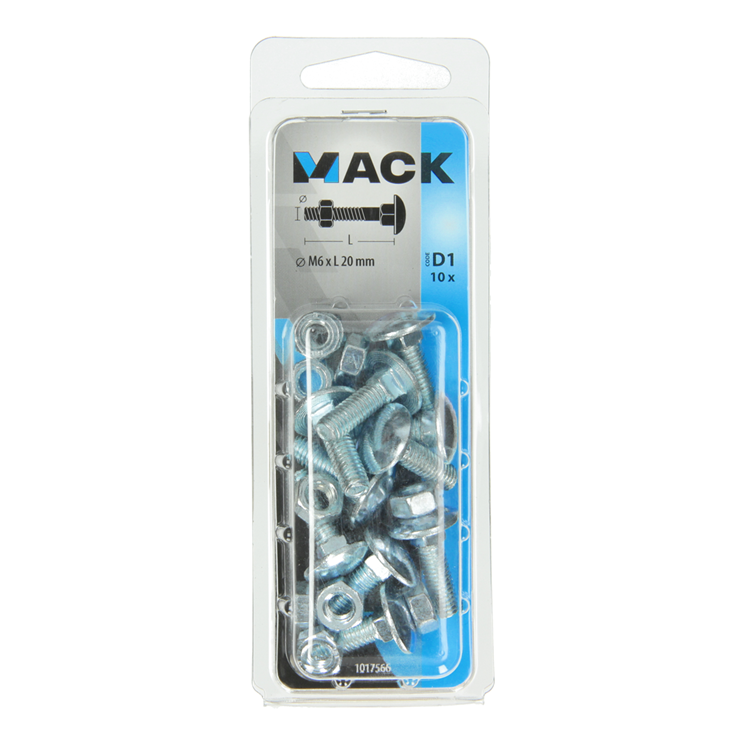 Mack 1017566 - houtbout + moer staal verzinkt10 st m6 x 20 mm | 5 stuks
