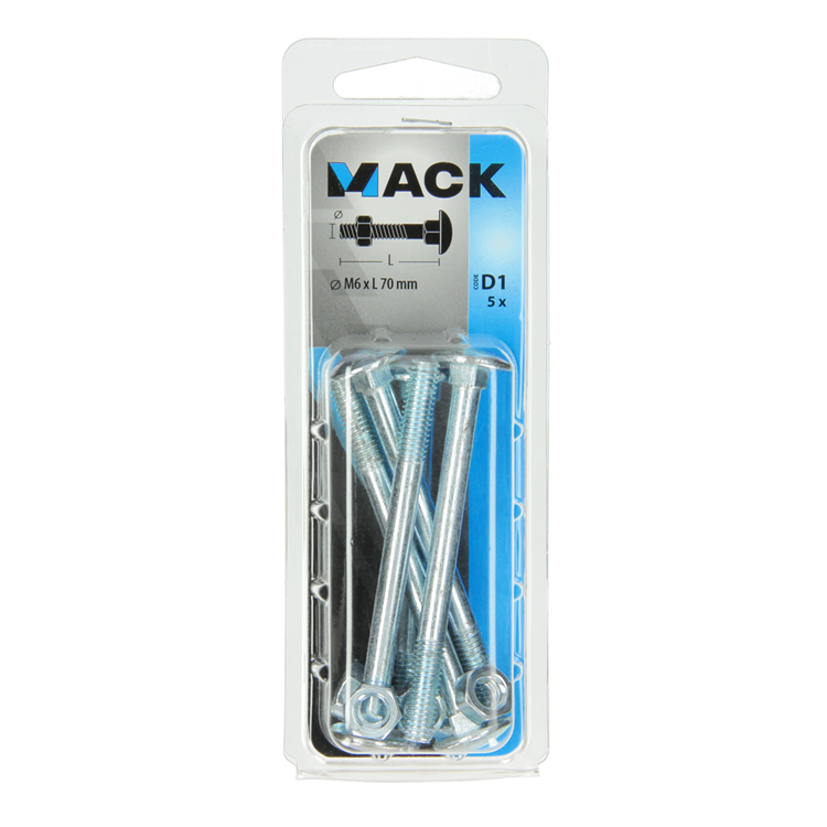 Mack 1017573 - houtbout + moer staal verzinkt5 st m6 x 70 mm | 5 stuks