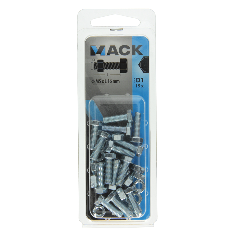 Mack 1017599 - tapbout + moer staal verzinkt 15 st m5 x 16 mm | 10 stuks