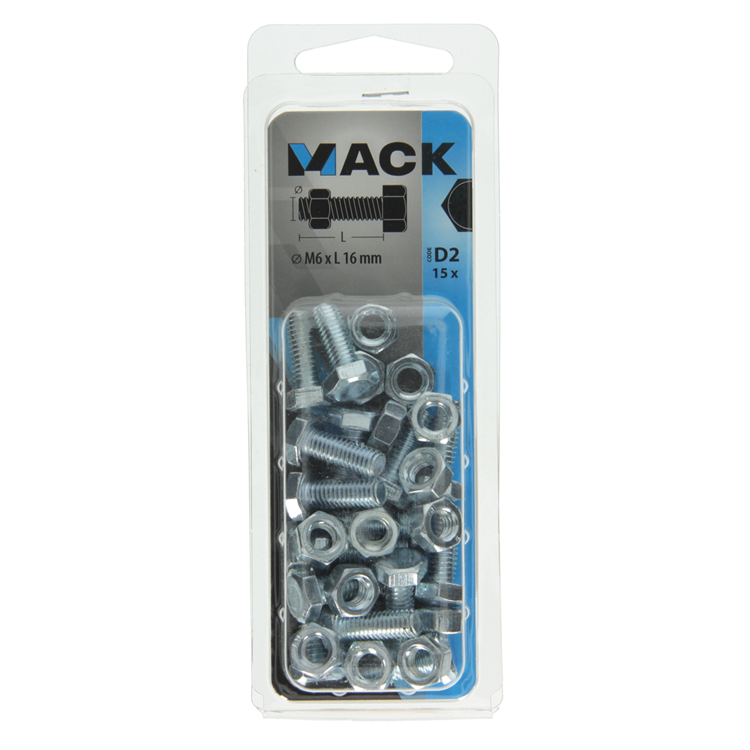 Mack 1017604 - tapbout + moer staal verzinkt 15 st m6 x 16 mm | 10 stuks