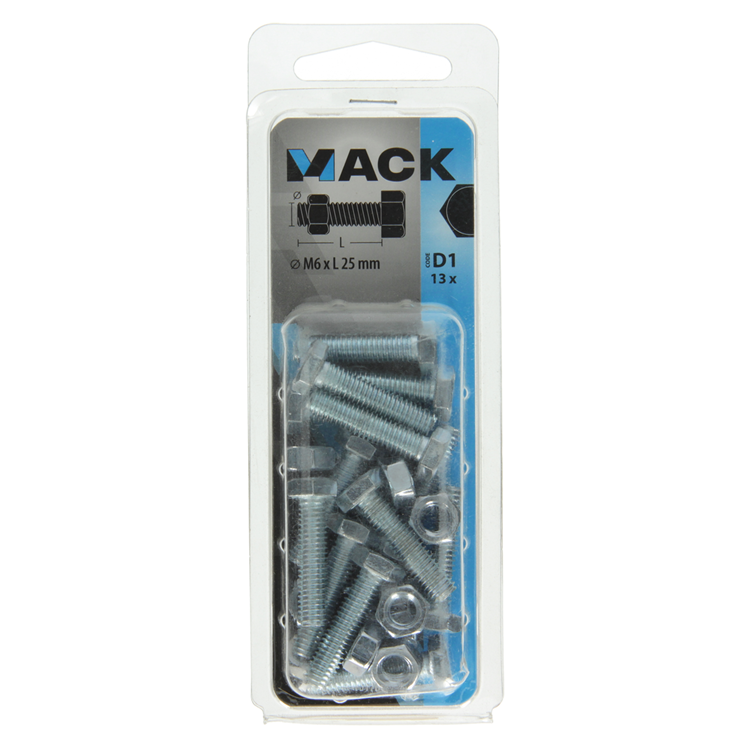 Mack 1017606 - tapbout + moer staal verzinkt 13 st m6 x 25 mm | 10 stuks