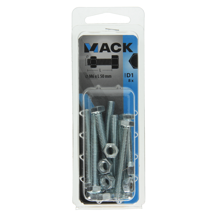 Mack 1017609 - tapbout + moer staal verzinkt 8 st m6 x 50 mm | 5 stuks