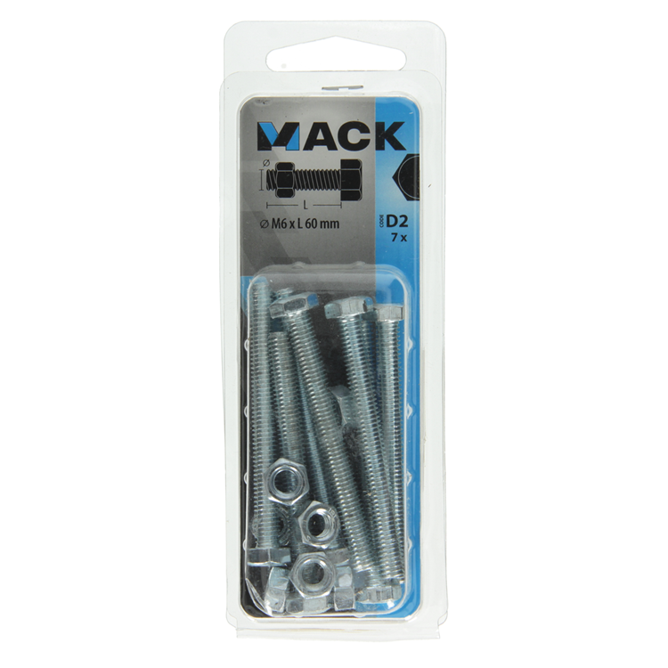 Mack 1017610 - tapbout + moer staal verzinkt 7 st m6 x 60 mm | 10 stuks