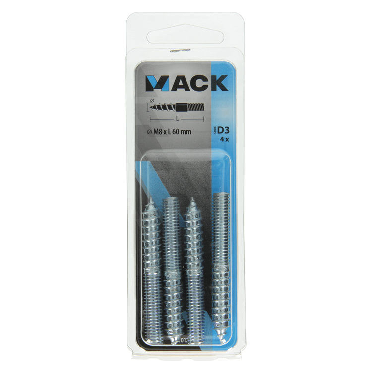 Mack 1017670 - stokeinde hout + metr. draad verz. 4 st m8x60 | 10 stuks