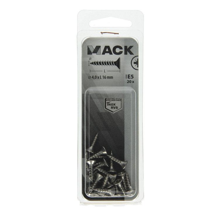 Mack 1019738 - spaanplaatschroef vz kop rvs 20 st 4,0 x 16 mm | 10 stuks