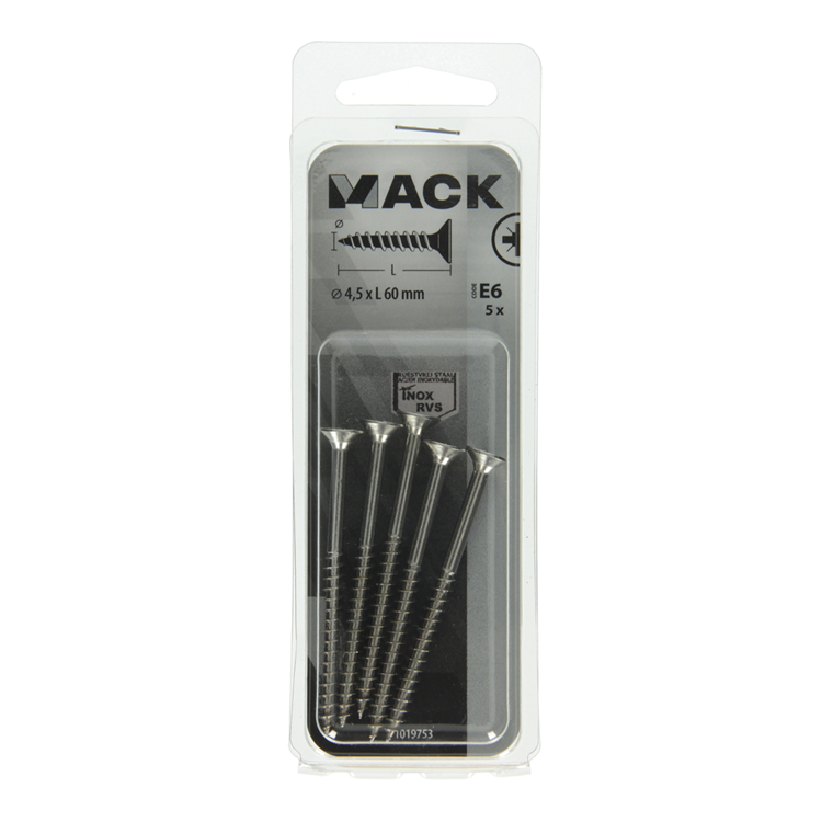 Mack 1019753 - spaanplaatschroef vz kop rvs 5 st 4,5 x 60 mm | 10 stuks