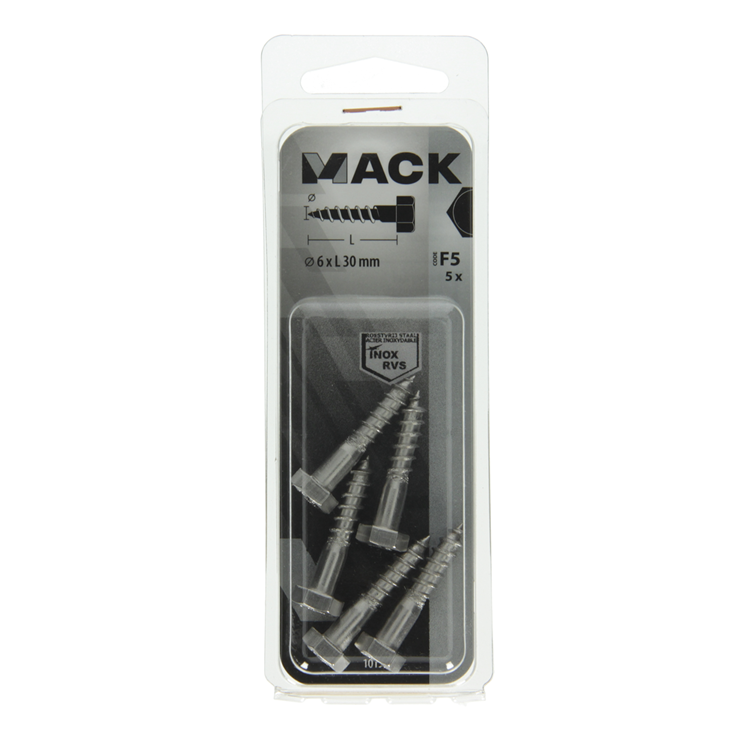 Mack 1019763 - houtdraadbout roestvrijstaal 5 st 6 x 30 mm | 10 stuks