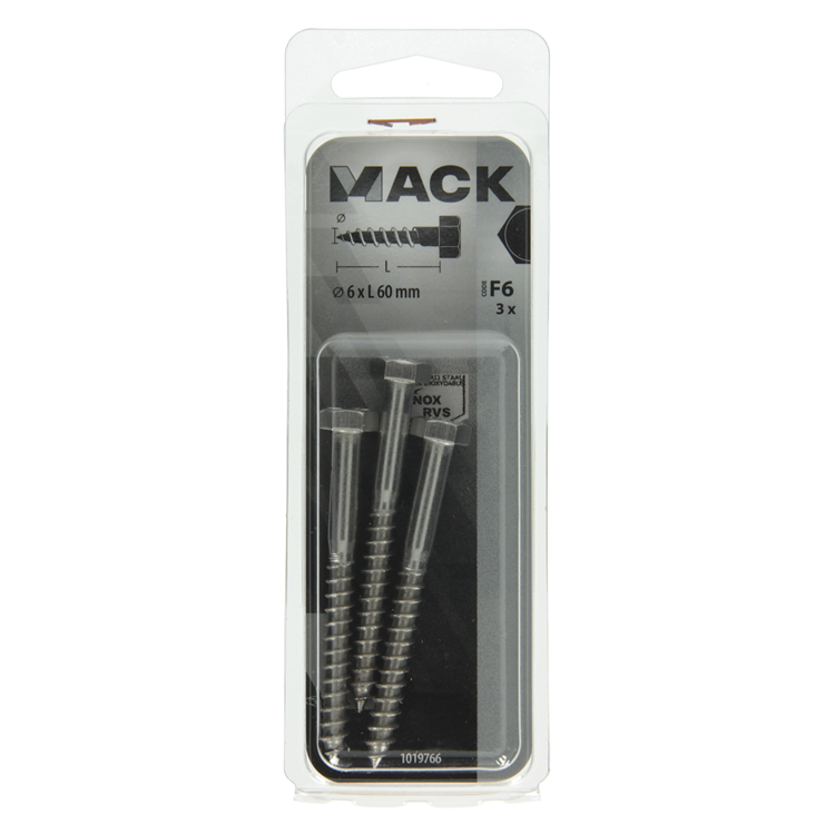 Mack 1019766 - houtdraadbout roestvrijstaal 3 st 6 x 60 mm | 10 stuks