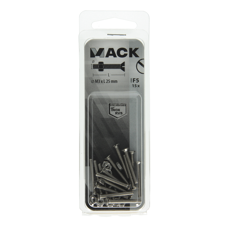 Mack 1019803 - metaalschroef verz. kop + moer rvs 15 st m3x25 | 10 stuks