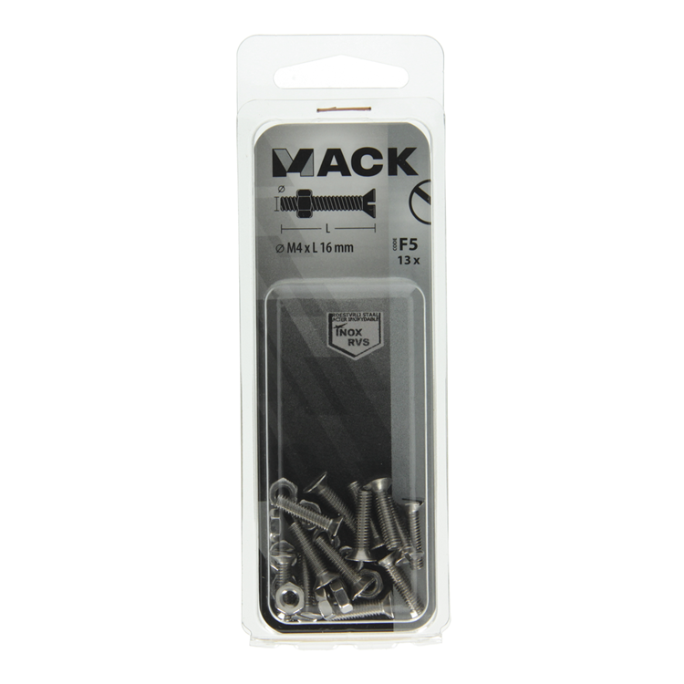 Mack 1019805 - metaalschroef verz. kop + moer rvs 13 st m4x16 | 10 stuks