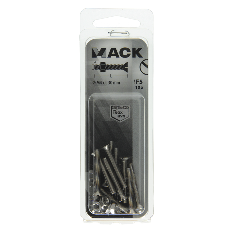 Mack 1019807 - metaalschroef verz. kop + moer rvs 10 st m4x30 | 10 stuks
