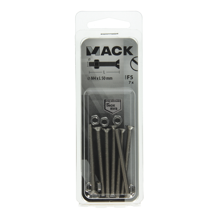 Mack 1019809 - metaalschroef verz. kop + moer rvs 7 st m4x50 | 10 stuks