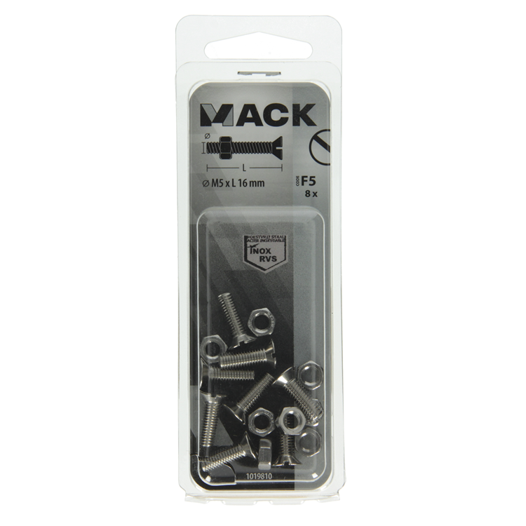 Mack 1019810 - metaalschroef verz. kop + moer rvs 8 st m5x16 | 10 stuks