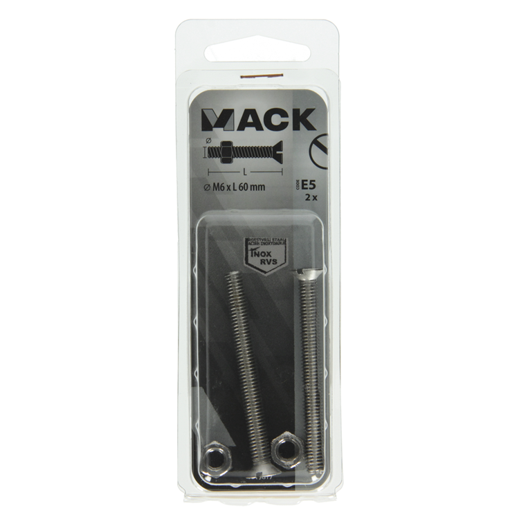 Mack 1019817 - metaalschroef verz. kop + moer rvs 2 st m6x60 | 10 stuks