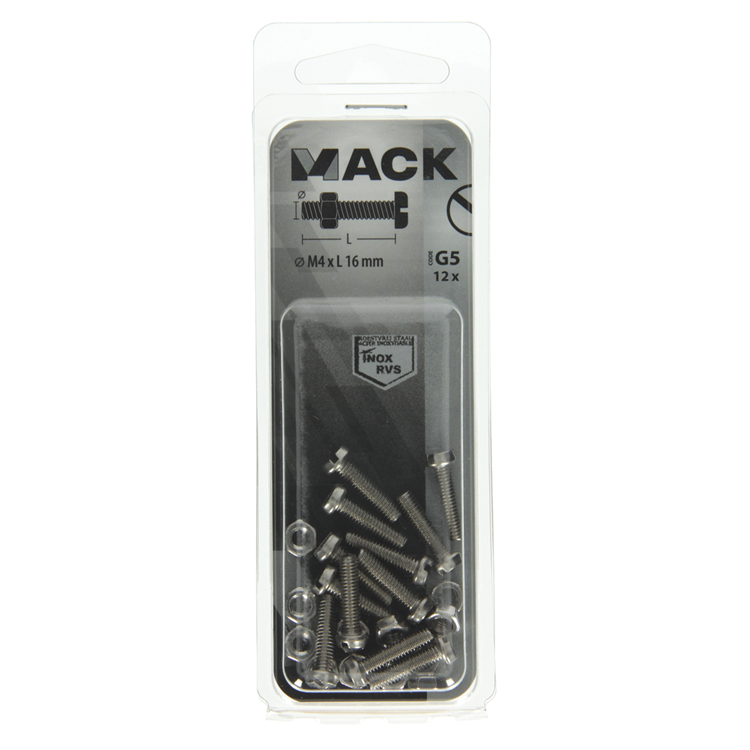 Mack 1019819 - metaalschroef cyl. kop + moer rvs 12 st m4x16 | 10 stuks