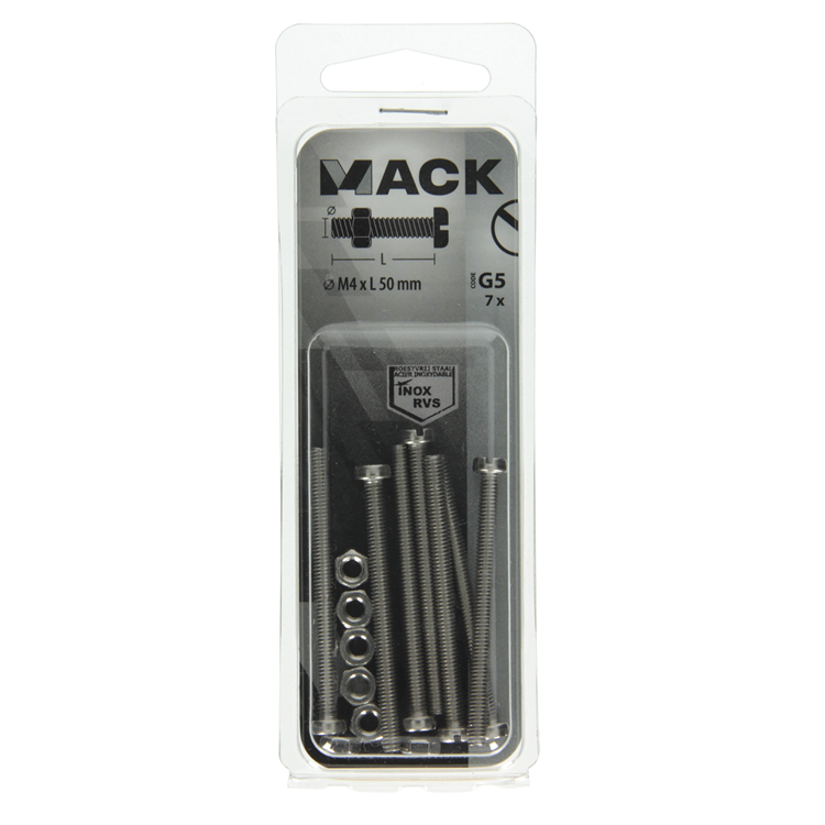 Mack 1019823 - metaalschroef cyl. kop + moer rvs 7 st m4x50 | 10 stuks