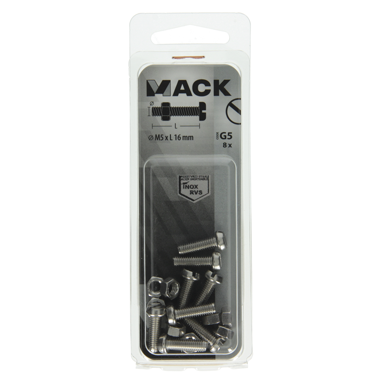 Mack 1019824 - metaalschroef cyl. kop + moer rvs 8 st m5x16 | 10 stuks
