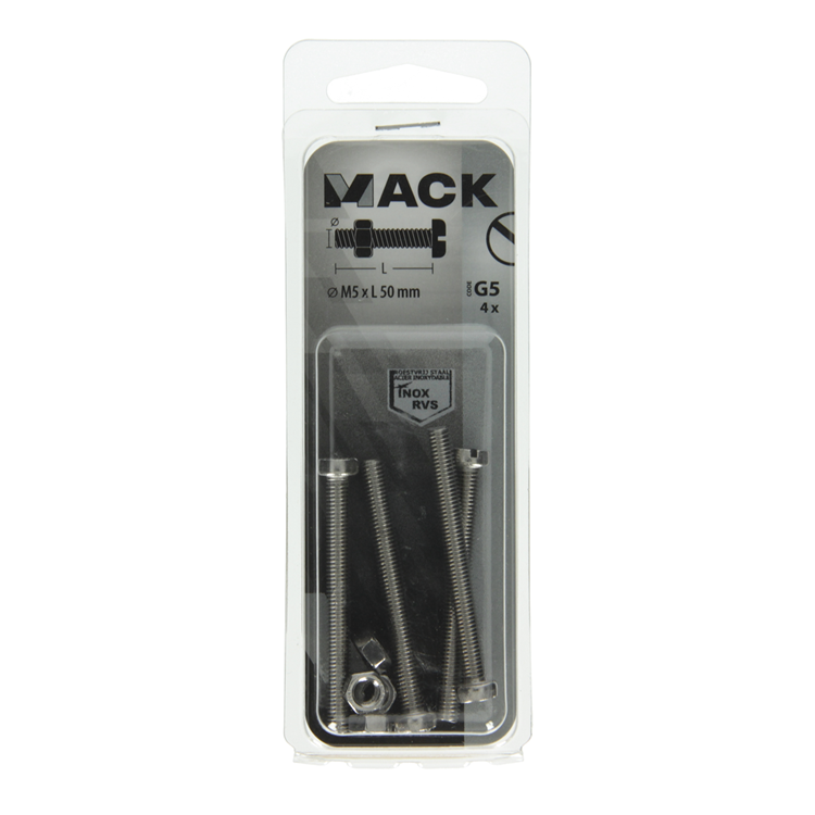 Mack 1019828 - metaalschroef cyl. kop + moer rvs 4 st m5x50 | 10 stuks