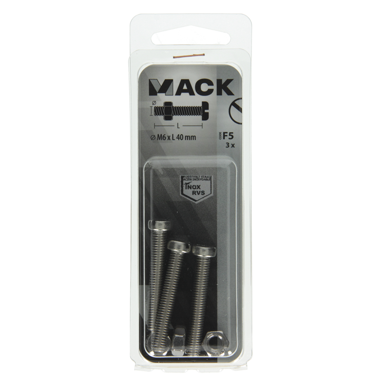 Mack 1019831 - metaalschroef cyl. kop + moer rvs 3 st m6x40 | 10 stuks