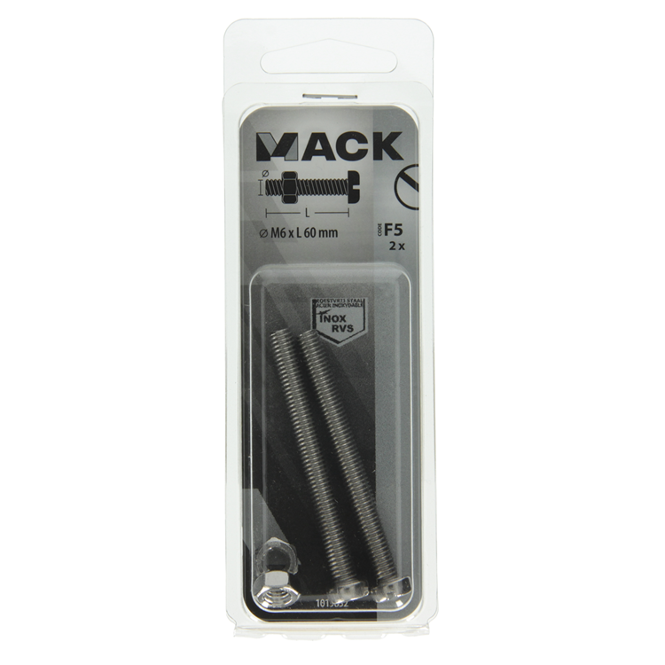 Mack 1019832 - metaalschroef cyl. kop + moer rvs 2 st m6x60 | 10 stuks