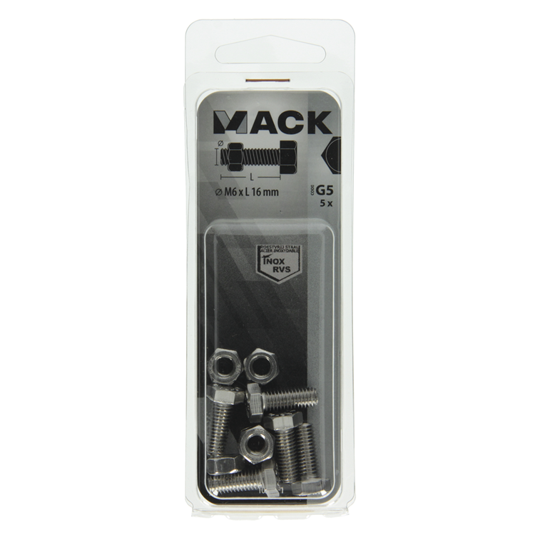 Mack 1019841 - tapbout + moer roestvrijstaal 5 st m6x16 | 10 stuks