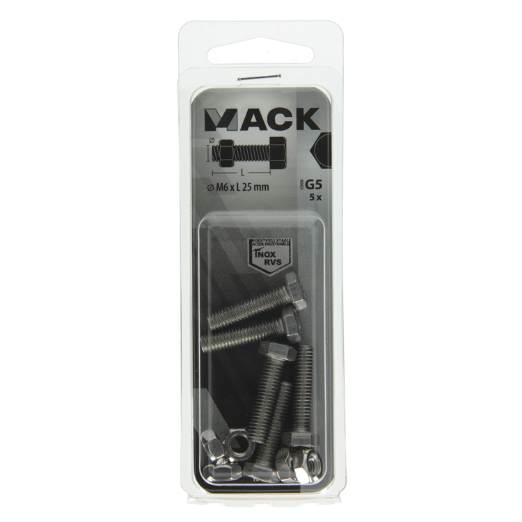 Mack 1019842 - tapbout + moer roestvrijstaal 5 st m6x25 | 10 stuks