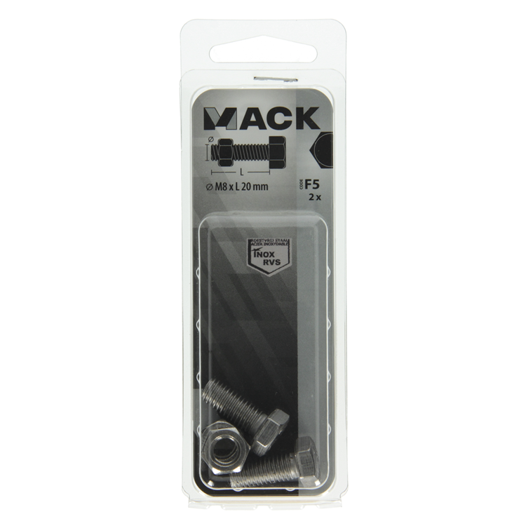 Mack 1019845 - tapbout + moer roestvrijstaal 2 st m8x20 | 10 stuks
