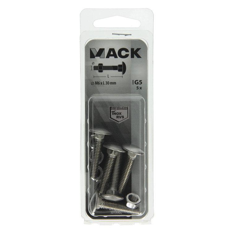 Mack 1019907 - houtbout + moer roestvrijstaal 5 st m6x30 mm | 10 stuks