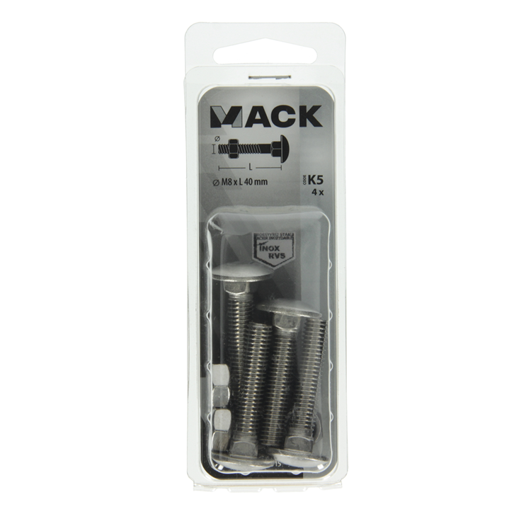 Mack 1019915 - houtbout + moer roestvrijstaal 4 st m8 x 40 mm | 5 stuks