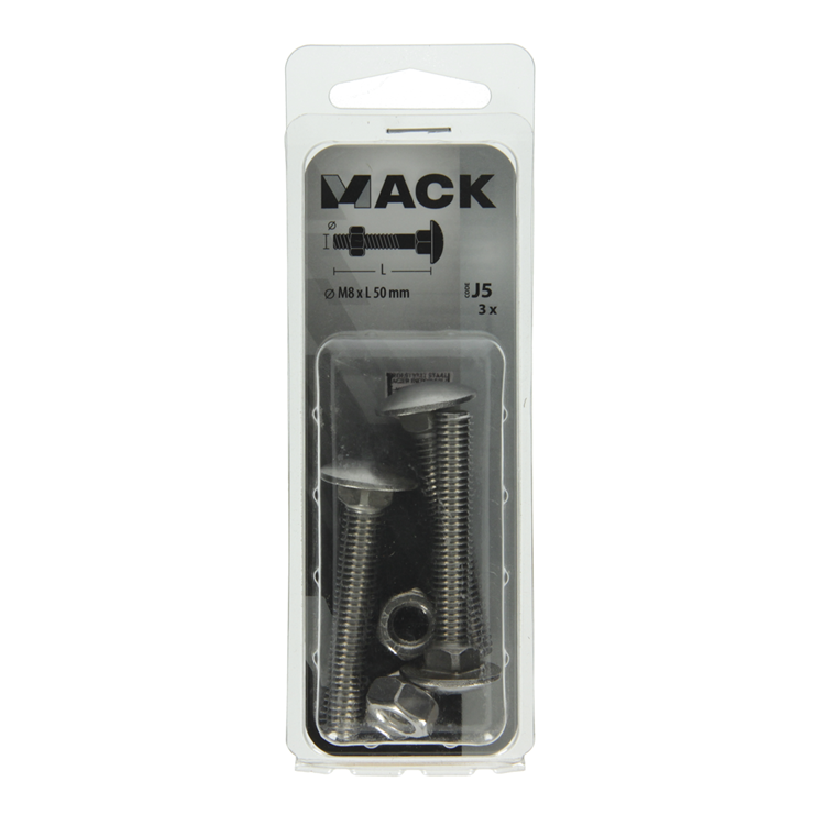 Mack 1019916 - houtbout + moer roestvrijstaal 3 st m8 x 50 mm | 5 stuks