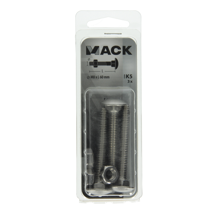 Mack 1019917 - houtbout + moer roestvrijstaal 3 st m8 x 60 mm | 5 stuks