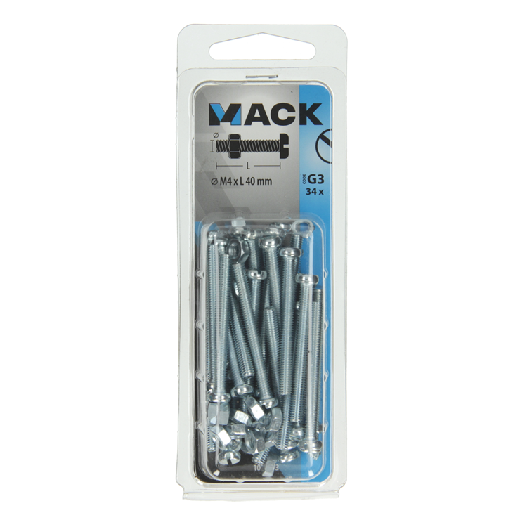 Mack 1018093 - metaalschroef cyl. kop + moer verz. 34 st m4 x 40 mm | 5 stuks