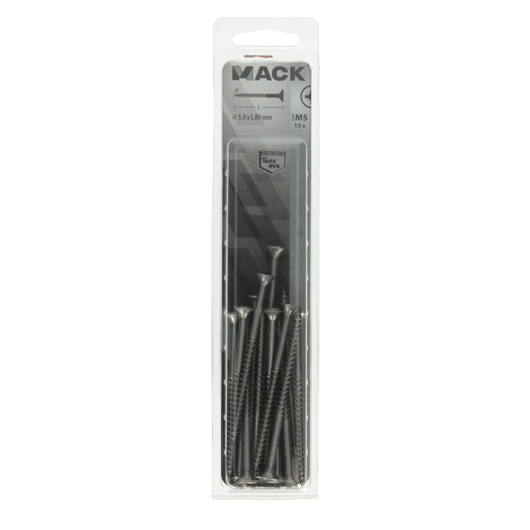 Mack 1020002 - spaanplaatschroef vz kop rvs 15 st 5,0 x 80 mm | 5 stuks