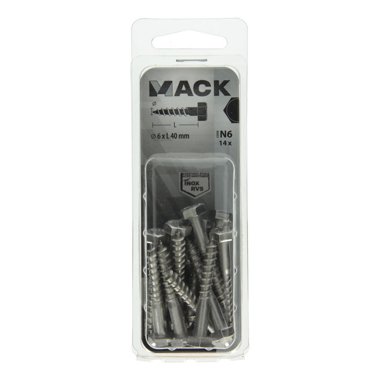 Mack 1020008 - houtdraadbout roestvrijstaal 14 st 6 x 40 mm | 5 stuks
